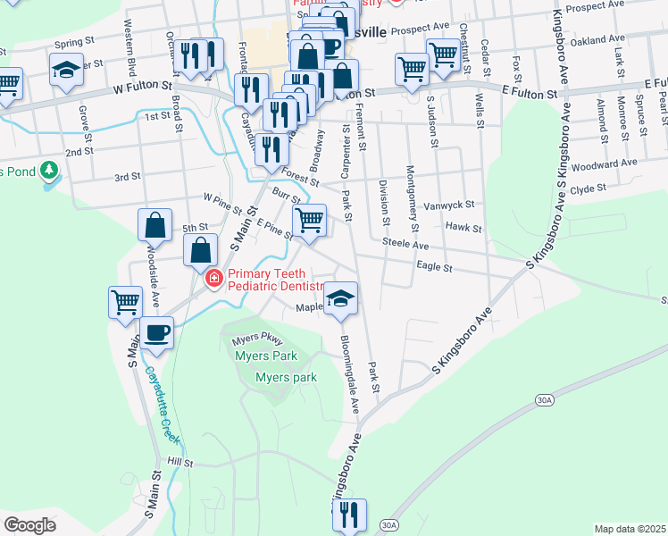 map of restaurants, bars, coffee shops, grocery stores, and more near 14 Bloomingdale Avenue in Gloversville
