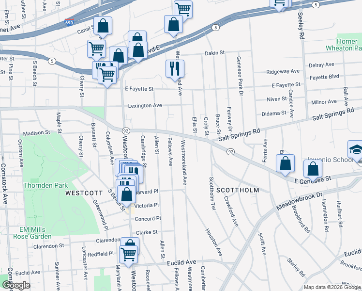 map of restaurants, bars, coffee shops, grocery stores, and more near 552 Westmoreland Avenue in Syracuse