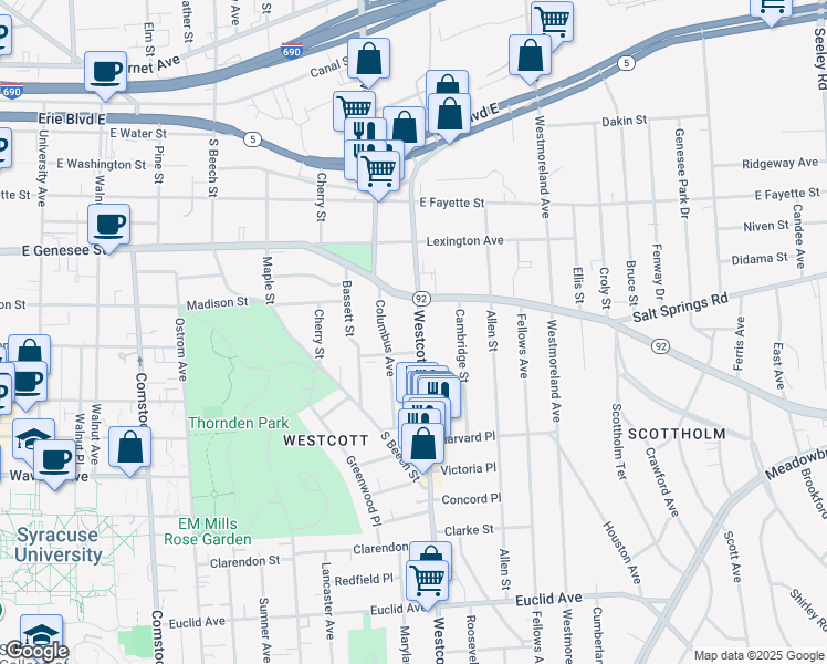 map of restaurants, bars, coffee shops, grocery stores, and more near 203 Hawthorne Street in Syracuse