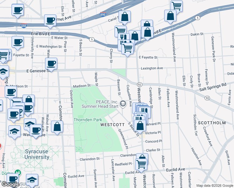 map of restaurants, bars, coffee shops, grocery stores, and more near 211 Bassett Street in Syracuse