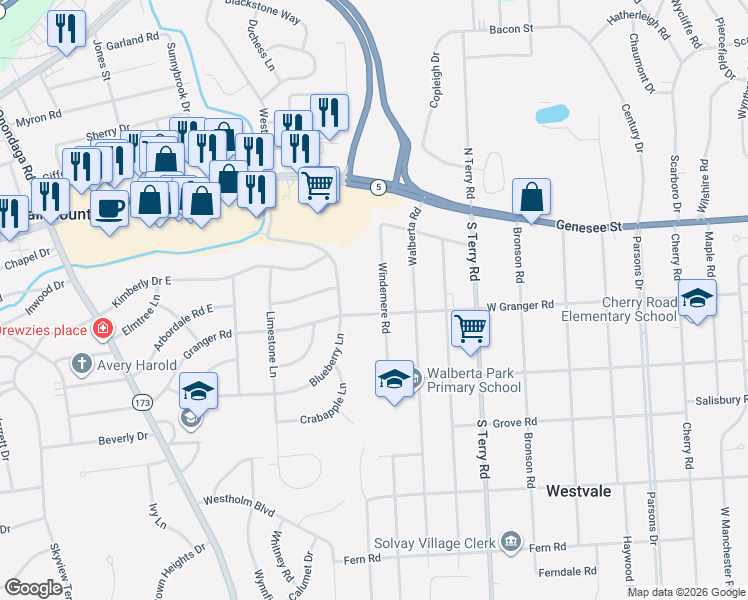 map of restaurants, bars, coffee shops, grocery stores, and more near 505 West Granger Road in Syracuse