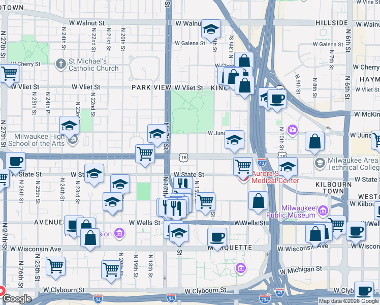 map of restaurants, bars, coffee shops, grocery stores, and more near 1503 West Highland Avenue in Milwaukee