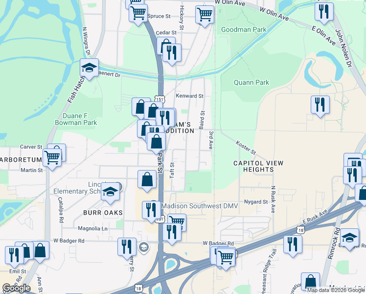 map of restaurants, bars, coffee shops, grocery stores, and more near 2001 Taft Street in Madison