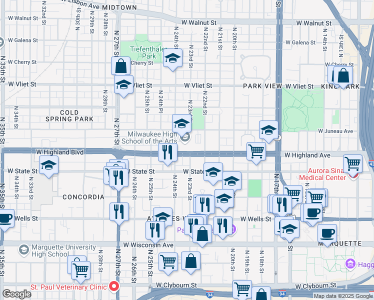 map of restaurants, bars, coffee shops, grocery stores, and more near 2300 West Highland Avenue in Milwaukee