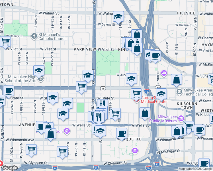 map of restaurants, bars, coffee shops, grocery stores, and more near 1503 West Highland Avenue in Milwaukee