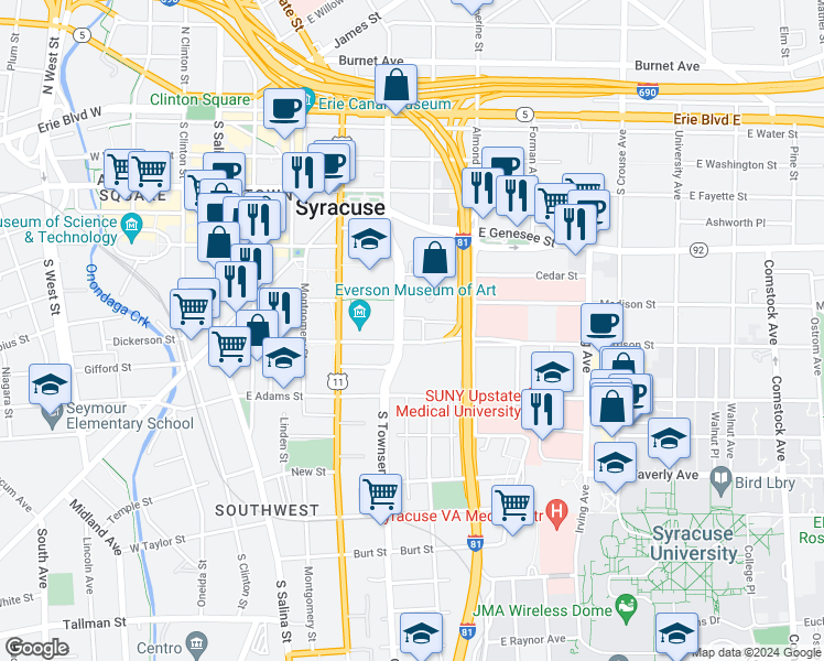 map of restaurants, bars, coffee shops, grocery stores, and more near 90 Presidential Court in Syracuse