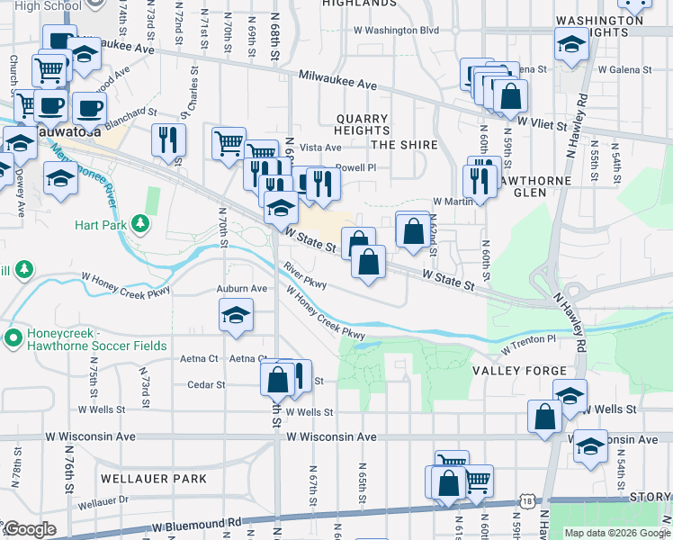 map of restaurants, bars, coffee shops, grocery stores, and more near 6600 River Parkway in Wauwatosa