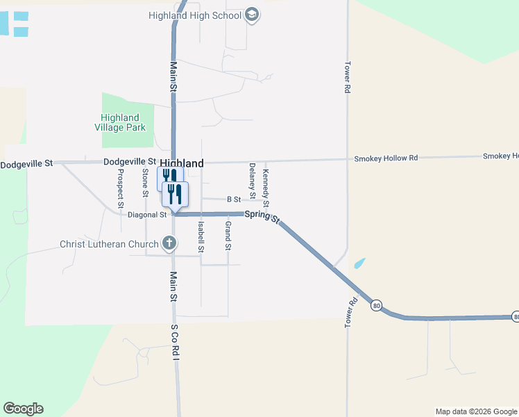 map of restaurants, bars, coffee shops, grocery stores, and more near 309 Spring Street in Highland
