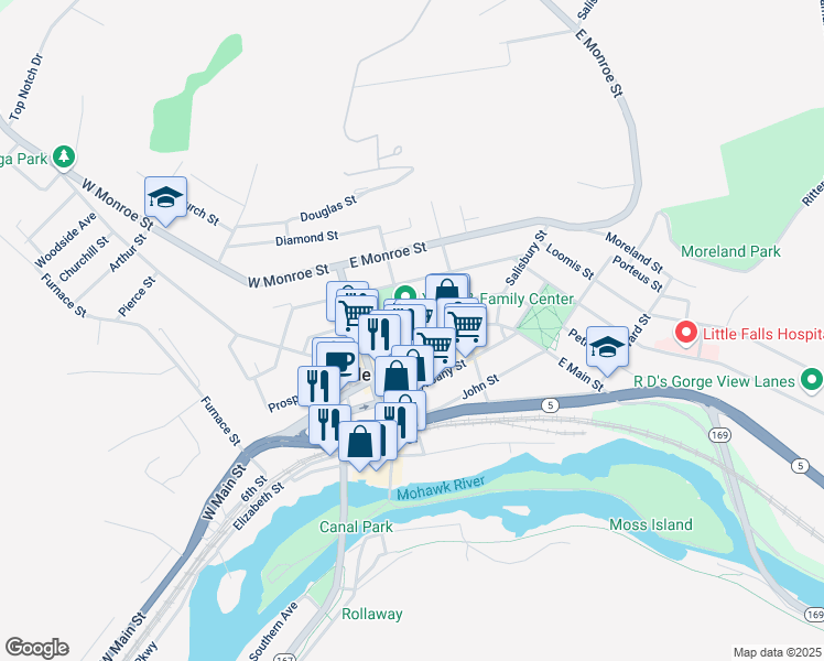 map of restaurants, bars, coffee shops, grocery stores, and more near 600 East Main Street in Little Falls