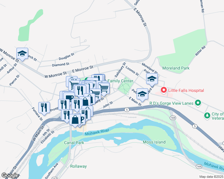 map of restaurants, bars, coffee shops, grocery stores, and more near 615 Albany Street in Little Falls