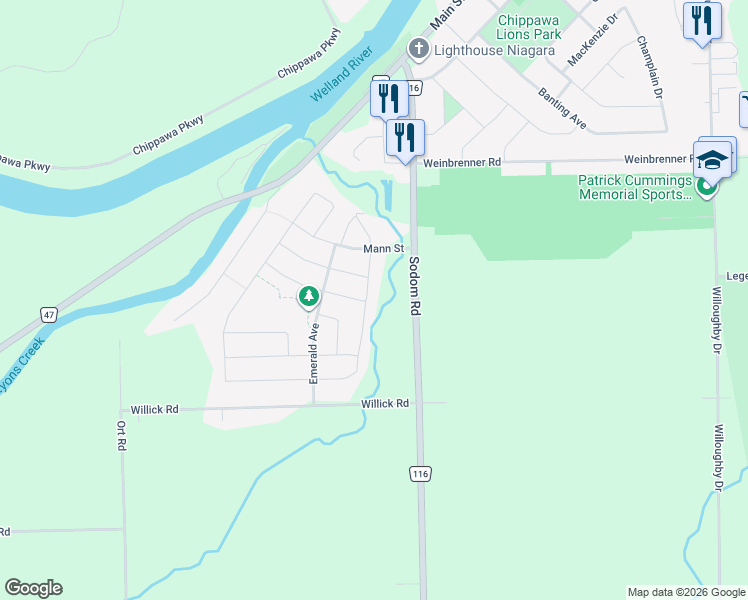 map of restaurants, bars, coffee shops, grocery stores, and more near 9234 Sodom Road in Niagara Falls