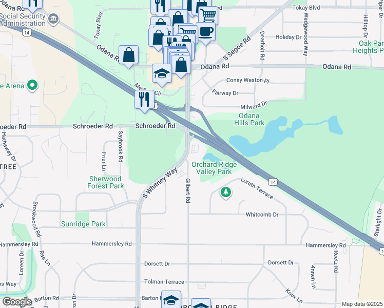 map of restaurants, bars, coffee shops, grocery stores, and more near 1001 South Whitney Way in Madison