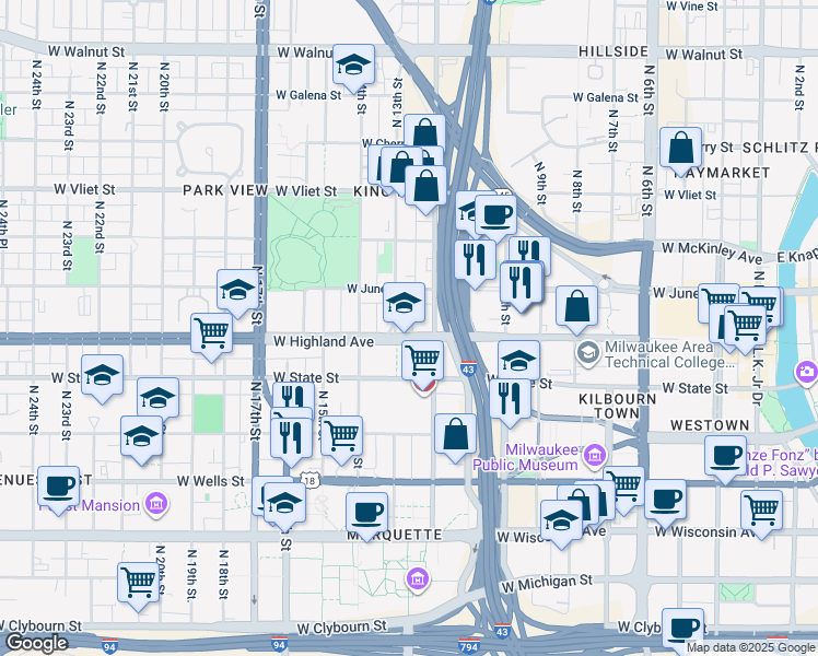 map of restaurants, bars, coffee shops, grocery stores, and more near 1301 West Highland Avenue in Milwaukee