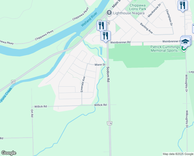 map of restaurants, bars, coffee shops, grocery stores, and more near 9204 White Oak Avenue in Niagara Falls