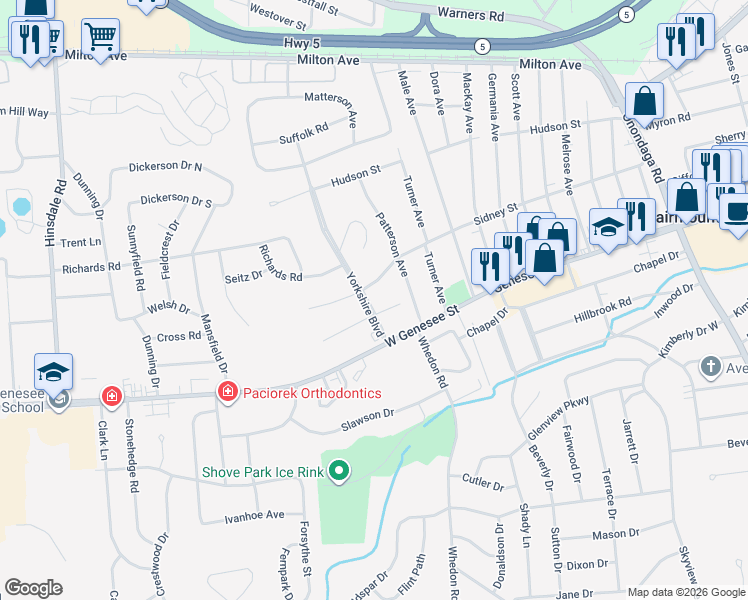 map of restaurants, bars, coffee shops, grocery stores, and more near 210 Yorkshire Boulevard in Syracuse