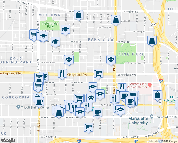 map of restaurants, bars, coffee shops, grocery stores, and more near 2024 West Highland Avenue in Milwaukee