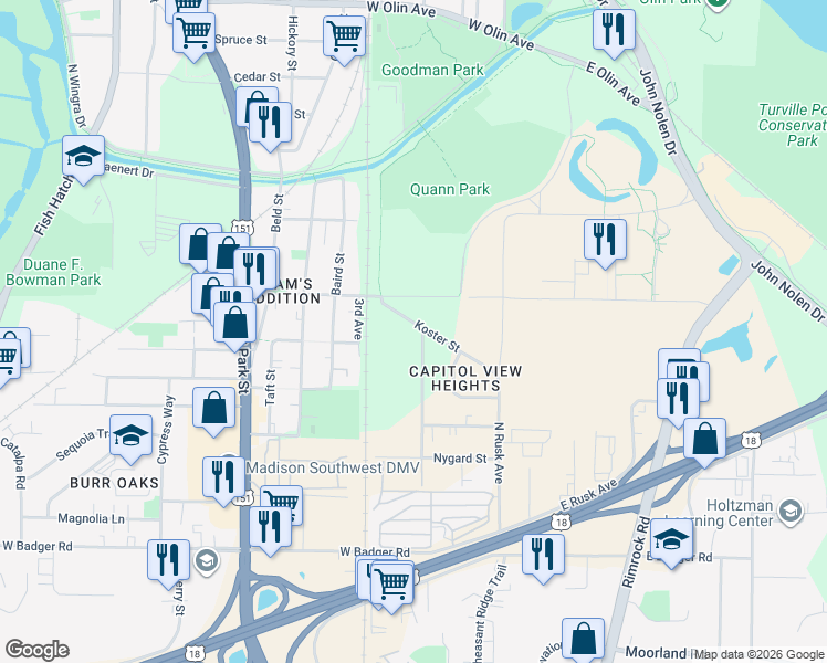 map of restaurants, bars, coffee shops, grocery stores, and more near 2020 Sundstrom Street in Madison