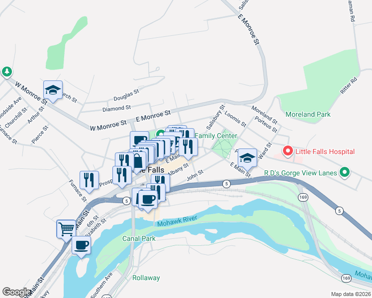 map of restaurants, bars, coffee shops, grocery stores, and more near 300-320 South William Street in Little Falls