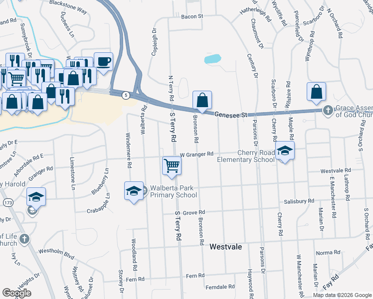 map of restaurants, bars, coffee shops, grocery stores, and more near 211 West Granger Road in Syracuse
