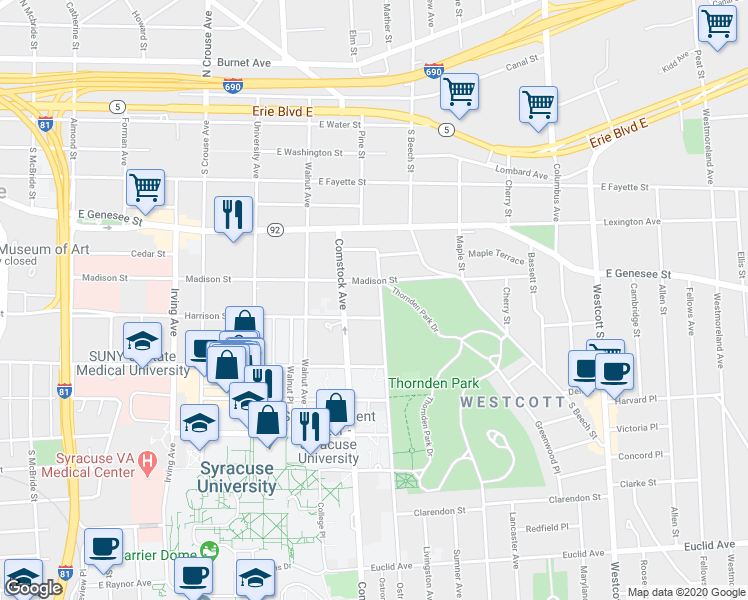 map of restaurants, bars, coffee shops, grocery stores, and more near 216 Ostrom Avenue in Syracuse