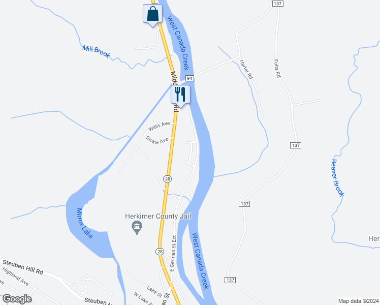 map of restaurants, bars, coffee shops, grocery stores, and more near 111 Sherwood Acres Drive in Herkimer