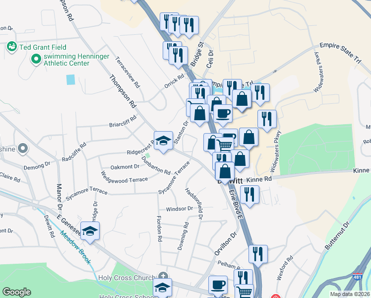 map of restaurants, bars, coffee shops, grocery stores, and more near 101 Sycamore Terrace in Syracuse