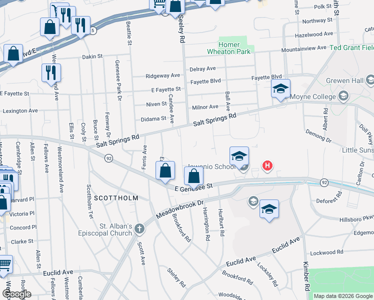 map of restaurants, bars, coffee shops, grocery stores, and more near 164 Edgehill Road in Syracuse