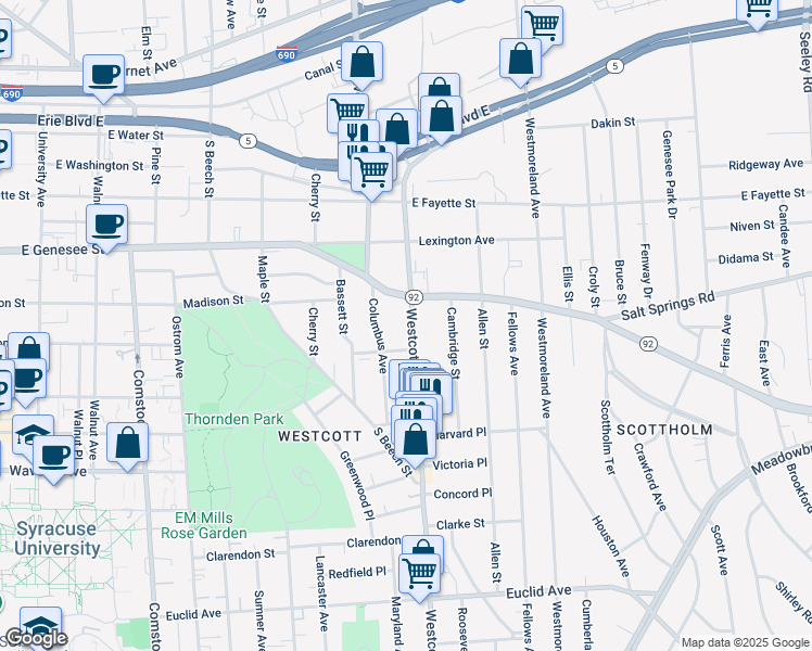 map of restaurants, bars, coffee shops, grocery stores, and more near 203 Hawthorne Street in Syracuse