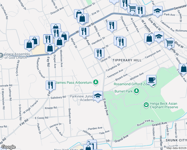 map of restaurants, bars, coffee shops, grocery stores, and more near 300 South Avery Avenue in Syracuse