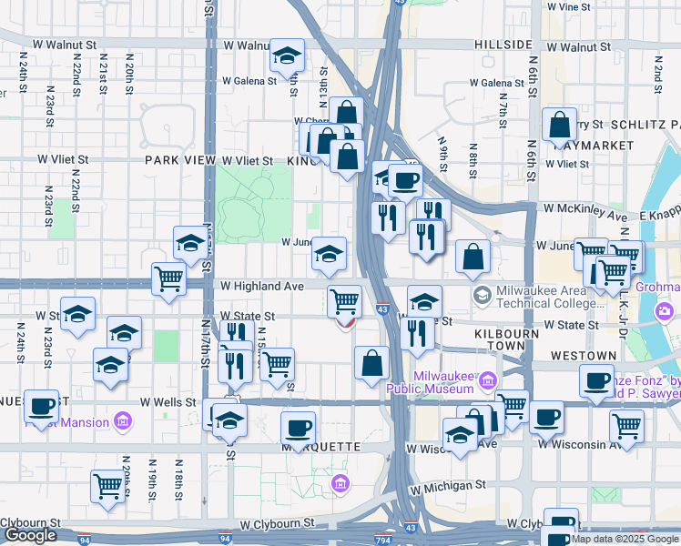 map of restaurants, bars, coffee shops, grocery stores, and more near 1301 West Highland Avenue in Milwaukee