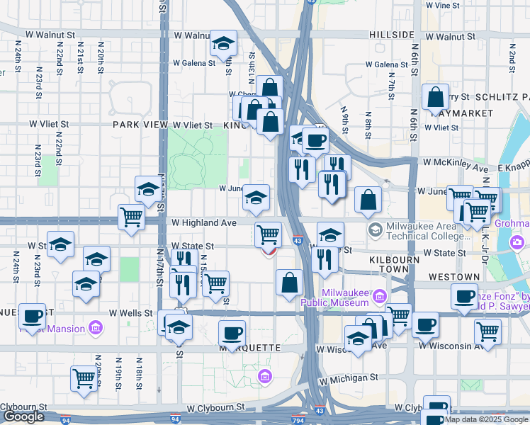 map of restaurants, bars, coffee shops, grocery stores, and more near 1017 North 12th Street in Milwaukee