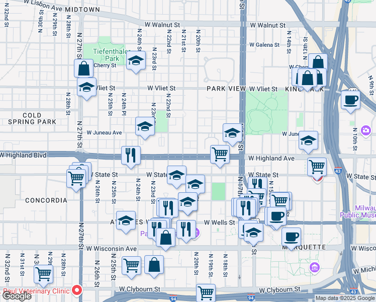 map of restaurants, bars, coffee shops, grocery stores, and more near 1032 North 21st Street in Milwaukee