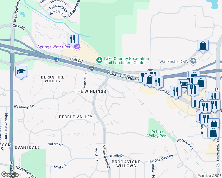 map of restaurants, bars, coffee shops, grocery stores, and more near 2829 North University Drive in Waukesha