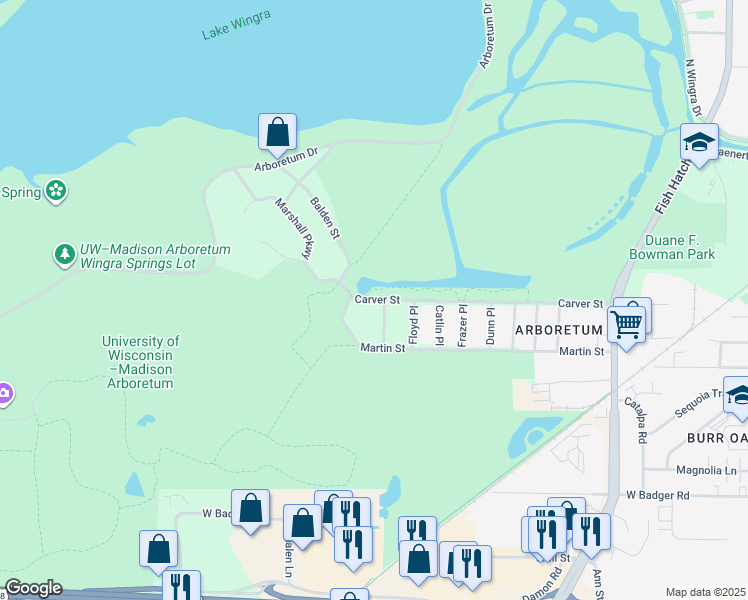 map of restaurants, bars, coffee shops, grocery stores, and more near 2218 Martin Street in Madison