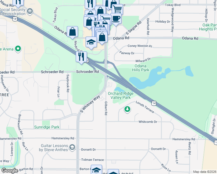 map of restaurants, bars, coffee shops, grocery stores, and more near 1001 South Whitney Way in Madison