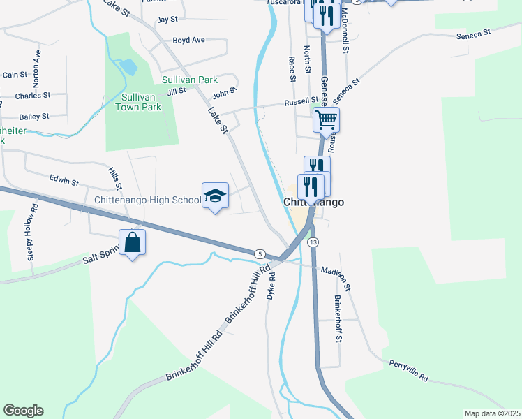 map of restaurants, bars, coffee shops, grocery stores, and more near 127 Lake Street in Chittenango