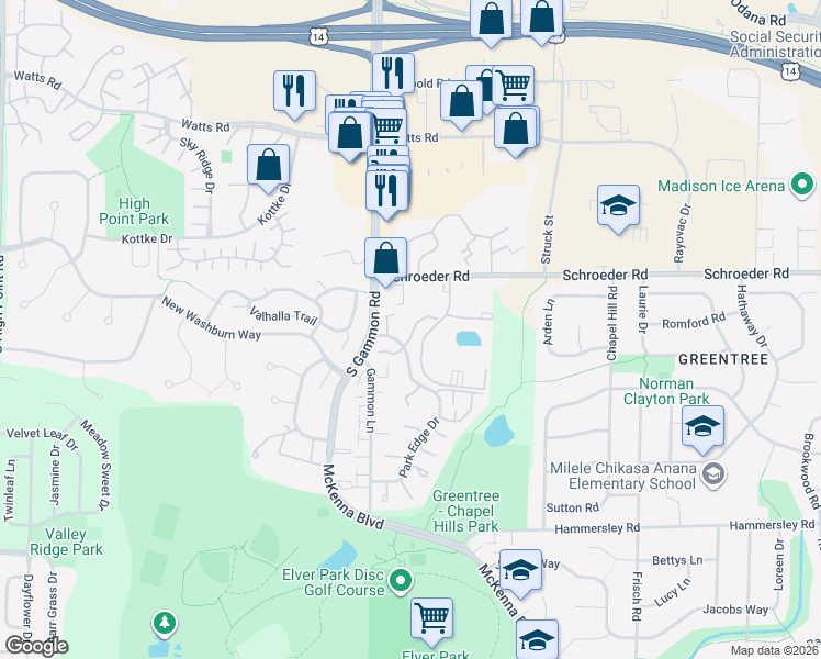 map of restaurants, bars, coffee shops, grocery stores, and more near 6834 Park Ridge Drive in Madison