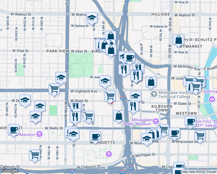 map of restaurants, bars, coffee shops, grocery stores, and more near 1218 West Highland Avenue in Milwaukee