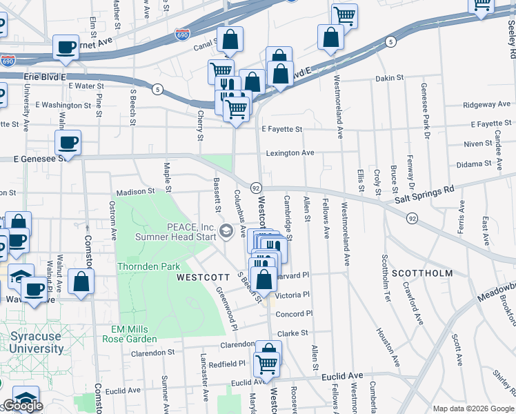 map of restaurants, bars, coffee shops, grocery stores, and more near 203 Hawthorne Street in Syracuse