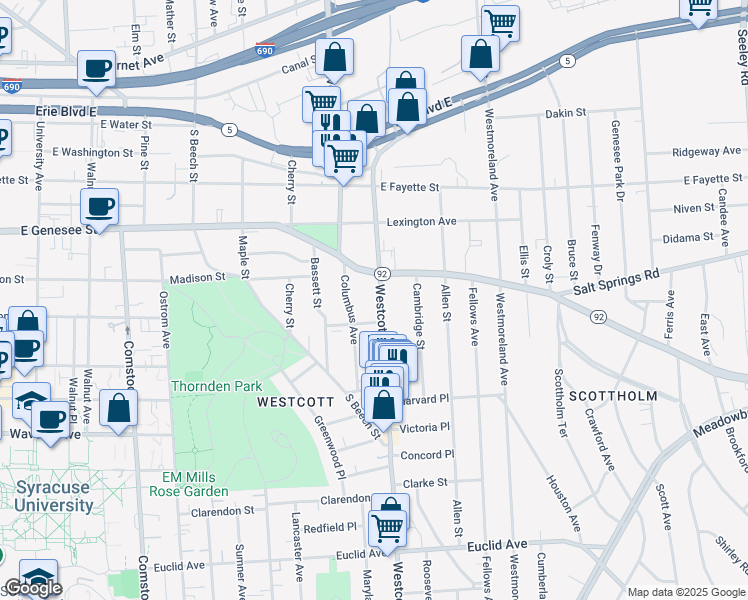 map of restaurants, bars, coffee shops, grocery stores, and more near 203 Hawthorne Street in Syracuse