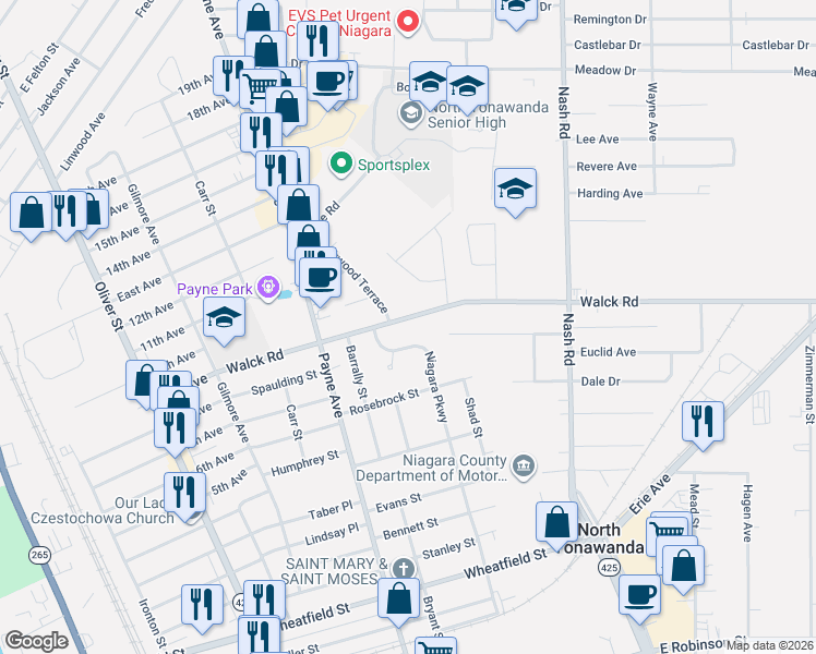 map of restaurants, bars, coffee shops, grocery stores, and more near 792 Niagara Parkway in North Tonawanda
