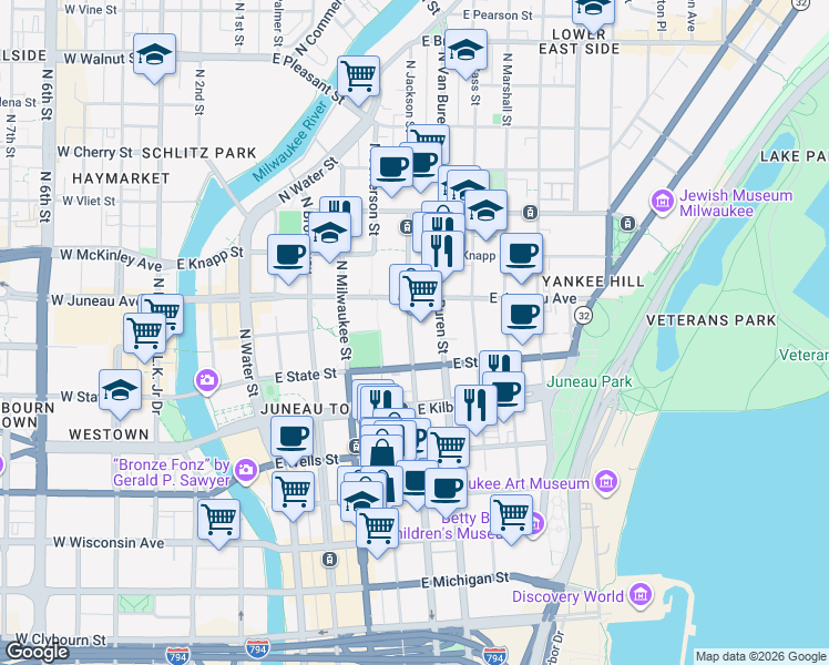 map of restaurants, bars, coffee shops, grocery stores, and more near 1112 North Jackson Street in Milwaukee