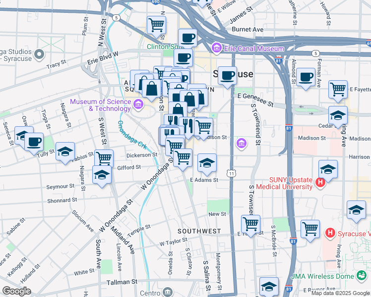 map of restaurants, bars, coffee shops, grocery stores, and more near 100 East Onondaga Street in Syracuse