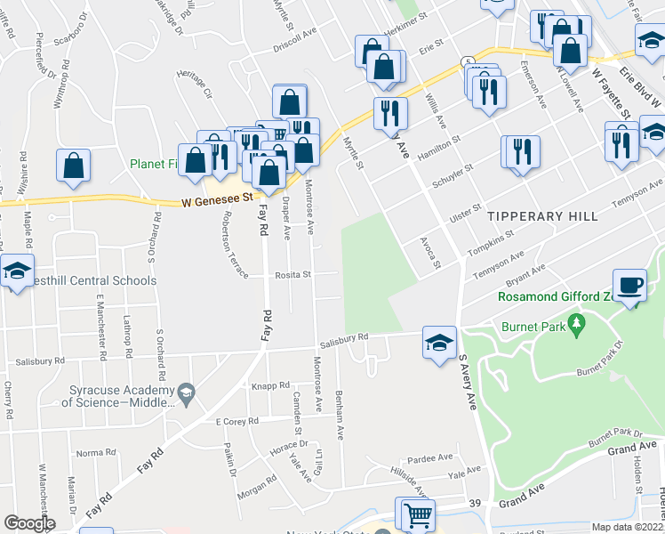 map of restaurants, bars, coffee shops, grocery stores, and more near 108 Rosita Street in Syracuse