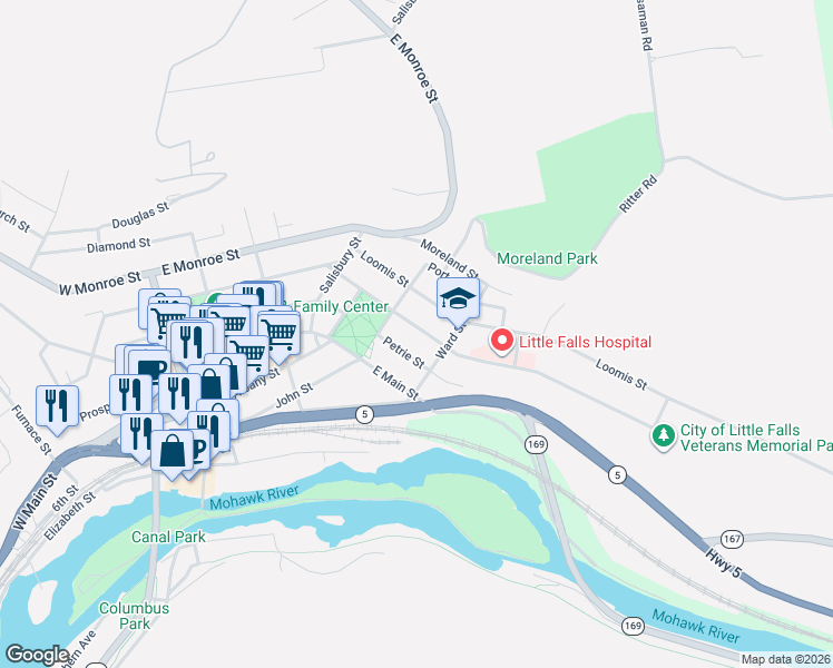 map of restaurants, bars, coffee shops, grocery stores, and more near 73 Burwell Street in Little Falls