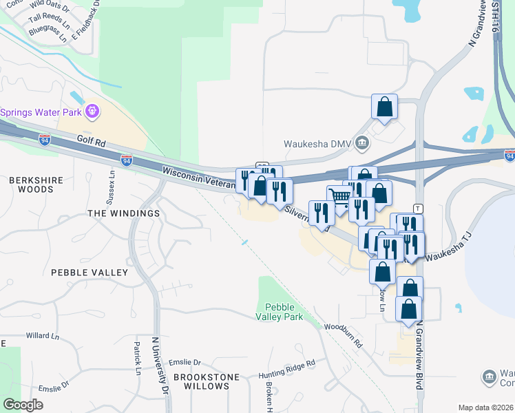 map of restaurants, bars, coffee shops, grocery stores, and more near 2333 Silvernail Road in Pewaukee