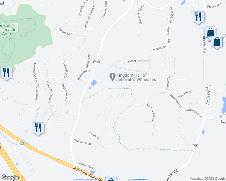 map of restaurants, bars, coffee shops, grocery stores, and more near 60 Neuchatel Lane in Fairport