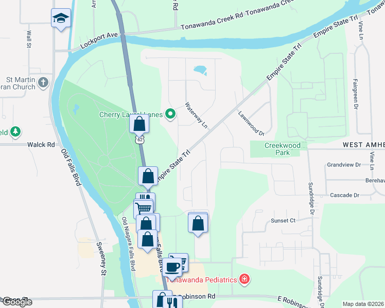 map of restaurants, bars, coffee shops, grocery stores, and more near 229 Tonawanda Creek Road in Buffalo