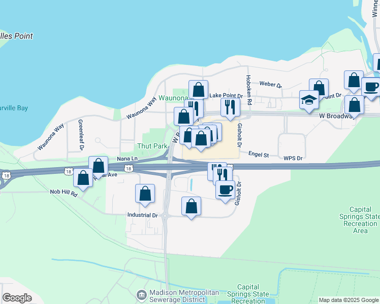 map of restaurants, bars, coffee shops, grocery stores, and more near 2501 West Broadway in Monona