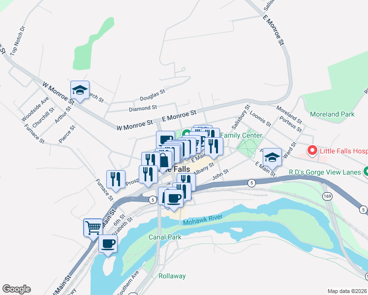 map of restaurants, bars, coffee shops, grocery stores, and more near 39 North Ann Street in Little Falls